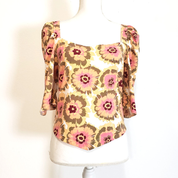 Free People Women's SIZE XL Floral Crop Top Puff 3/4 Sleeves OB1472617 Pink - Picture 9 of 11